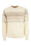 Brunello Cucinelli Icelandic Jacquard Buttoned Sweater In Alpaca, Cotton And Wool In Panama/grey/sand