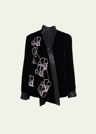 Giorgio Armani Crystal Floral Beaded Velvet Tunic Blouse In Black