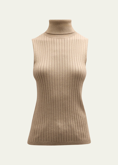 Majestic Metallic Stretch Ribbed Turtleneck Top In Camel