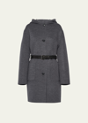 Prada Belted Hooded Wool Coat In Grey+white