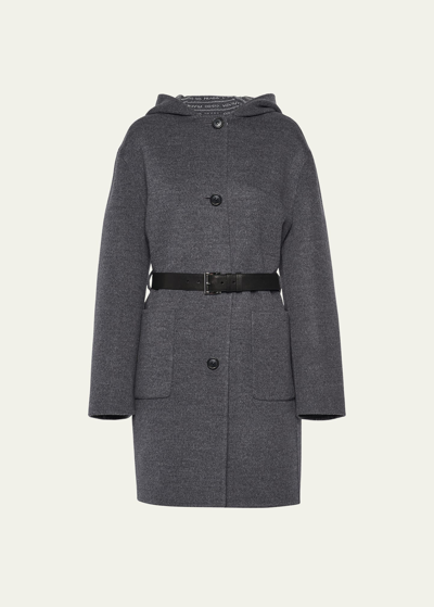 Prada Belted Hooded Wool Coat In Grey+white