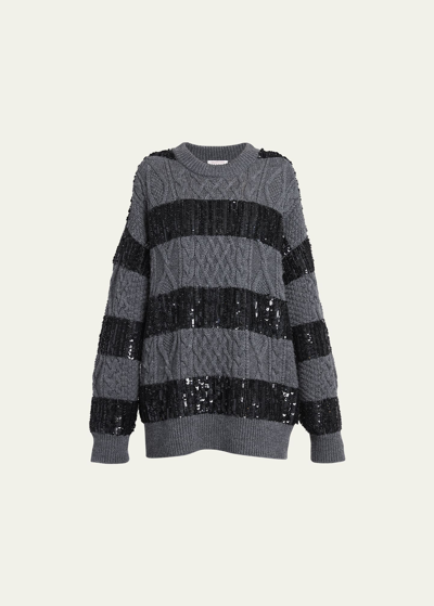 Valentino Oversize Cable-knit Sweater With Embellished Stripes In Dark Mel Gray Bla