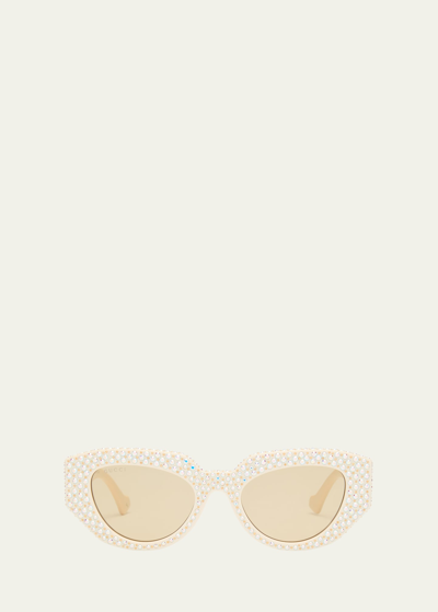 Gucci Embellished Acetate Cat-eye Sunglasses In Shiny Solid Ivory