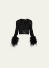 ALICE AND OLIVIA DELAINA SEQUINED FEATHER-CUFF TOP