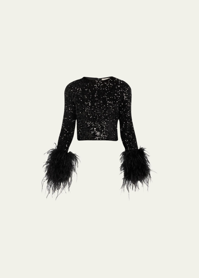 Alice And Olivia Delaina Sequin-embellished Feather-cuff Top In Black