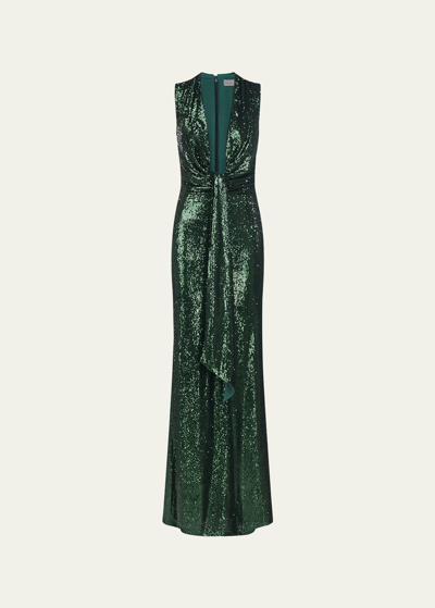 Halston Magdalena Deep V-neck Sequin Column Gown In Bottle Green