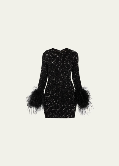 Alice And Olivia Delora Sequin-embellished Feather Cuff Mini Dress In Black