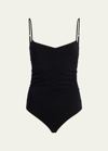 Another Tomorrow Ruched Stretch Cotton And Lyocell-blend Jersey Bodysuit In Black