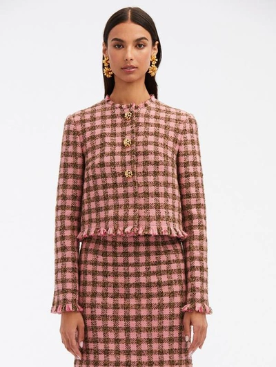 Oscar De La Renta Checkered Tweed Jacket In Pink/brown