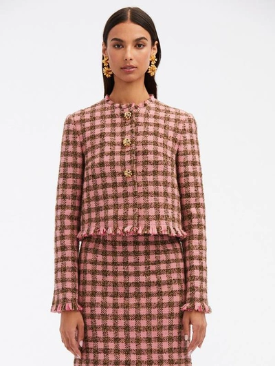 Oscar De La Renta Checkered Tweed Jacket In Pink