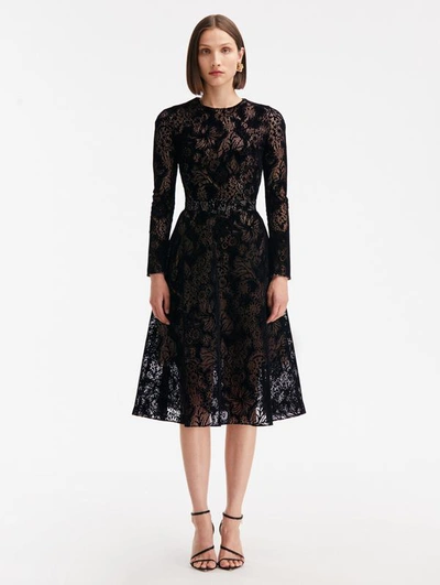 Oscar De La Renta Flocked Floral Lace Dress In Black