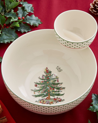 Spode Christmas Tree Polka Dot Chip And Dip Set In Green