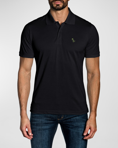 Jared Lang Men's Knit Polo Shirt With Dinosaur Embroidery In Black