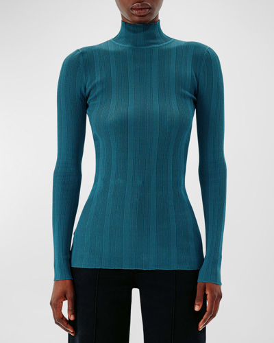 Another Tomorrow Variegated Rib High-neck Top In Petrol