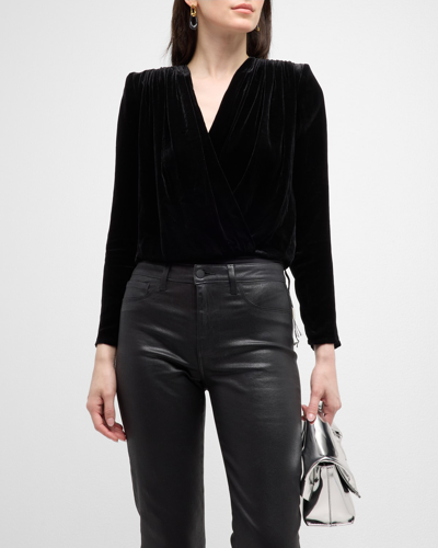 L Agence Marcella Wrap-effect Velvet Bodysuit In Black