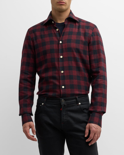 Kiton Men's Buffalo Check Cotton Sport Shirt In Dark Red Multi