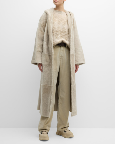 Brunello Cucinelli Persian Lamb Shearling Velour Belted Wrap Coat In Neutrals