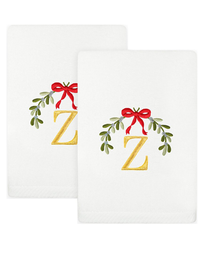 Linum Home Textiles Set Of 2 Christmas Mistletoe Monogram Embroidered Luxury Turkish Cotton Hand Tow In White