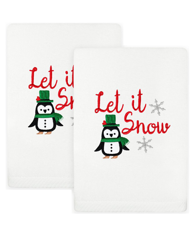 Linum Home Textiles Set Of 2 Christmas Let It Snow Embroidered Luxury Turkish Cotton Hand Towels In White