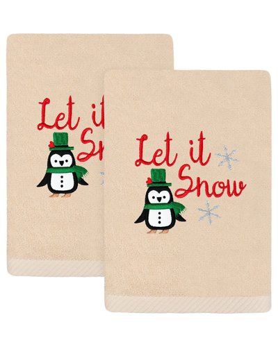 Linum Home Textiles Set Of 2 Christmas Let It Snow Embroidered Luxury Turkish Cotton Hand Towels In Brown