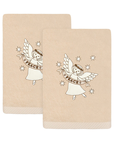 Linum Home Textiles Set Of 2 Christmas Angel Embroidered Luxury Turkish Cotton Hand Towels In Brown