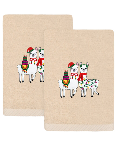 Linum Home Textiles Set Of 2 Christmas Llamas Embroidered Luxury Turkish Cotton Hand Towels In Brown