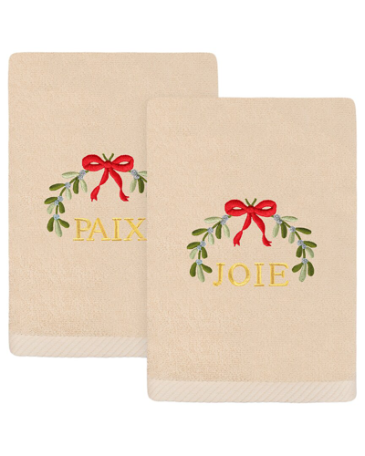 Linum Home Textiles Set Of 2 Christmas Mistletoe Paix & Joie Embroidered Luxury Turkish Cotton Hand In Brown
