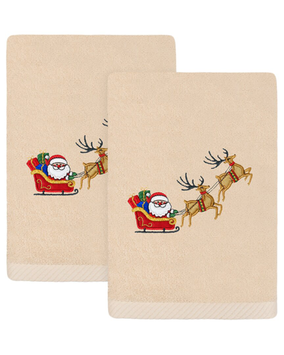 Linum Home Textiles Set Of 2 Christmas Santa's Sled Embroidered Luxury Turkish Cotton Hand Towels In Brown