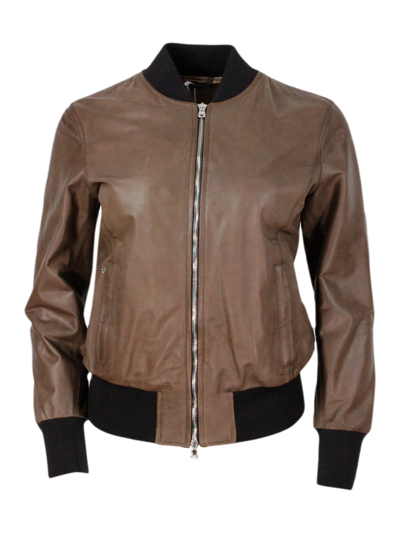 Barba Napoli Bomber Jacket In Soft And Fine Hand-buffered Leather With College Collar And Zip Closure In Brown