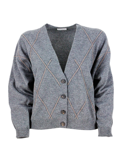 BRUNELLO CUCINELLI CARDIGAN SWEATER MADE OF PRECIOUS AND REFINED WOOL, SILK AND CASHMERE WITH DIAMOND PATTERN EMBELLISH