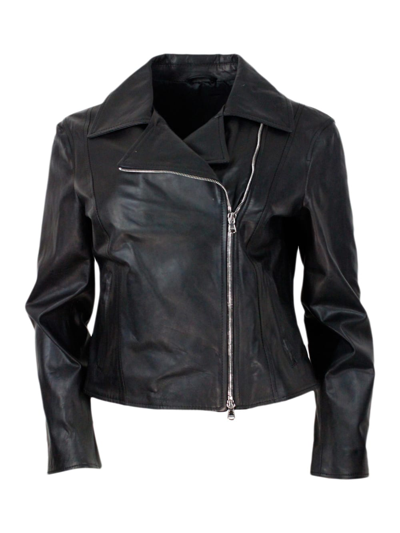 Barba Napoli Studded Jacket In Fine And Soft Nappa Leather With Zip Closure In Black