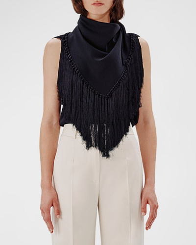 Another Tomorrow Fringe Scarf-neck Tank Top In Black