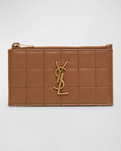 Saint Laurent Cassandre Ysl Ziptop Card Case In Quilted Smooth Leather In Fox
