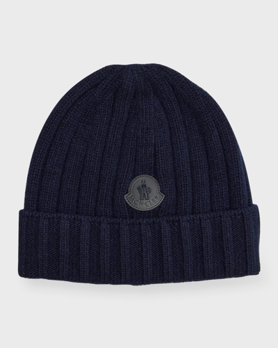 Moncler Logo-appliqué Knitted Beanie In 750 Blue