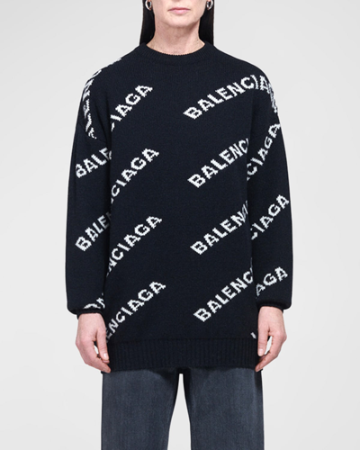 Balenciaga Oversized Jacquard Logo Sweater In 1070 Black/white