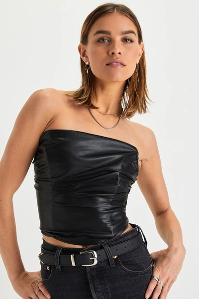 Nia Tina Black Vegan Leather Ruched Strapless Corset Top