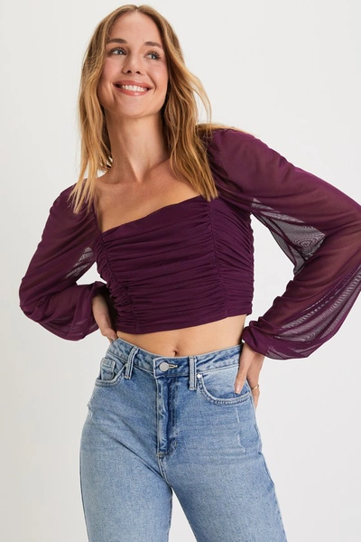 Lulus Ruched Plans Plum Purple Mesh Ruched Balloon Sleeve Crop Top