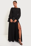 Lulus Prestigious Poise Black Backless Balloon Sleeve Maxi Dress In Black