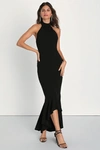 Lulus Elegant Grace Black Tiered Halter High-low Maxi Dress In Black