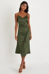 Lulus Simplicity Of Love Olive Green Satin A-line Midi Dress In Olive Green
