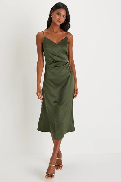 Lulus Simplicity Of Love Olive Green Satin A-line Midi Dress