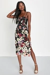 Lulus Thriving Energy Black 3d Floral Embroidered Lace-up Midi Dress In Black