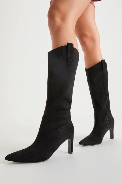 Lulus Emberly Black Suede Blade Heel Knee-high Western High Heel Boots