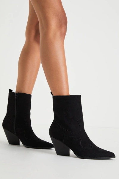 Lulus Teeley Black Suede Pointed-toe Mid-calf Western High Heel Boots
