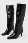 Steve Madden Lavan Black Croc-embossed Leather Kitten Heel Knee-high Boots In Black