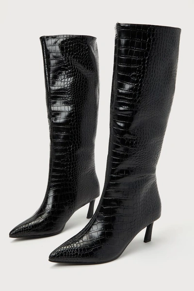 Steve Madden Lavan Black Croc-embossed Leather Kitten Heel Knee-high Boots
