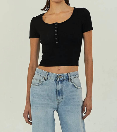 The Range Ribbed Cropped Short Sleeve Henley Top In Black