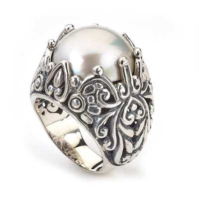 Samuel B Jewelry Sterling Silver Round White Mabe Pearl Paisley Ring