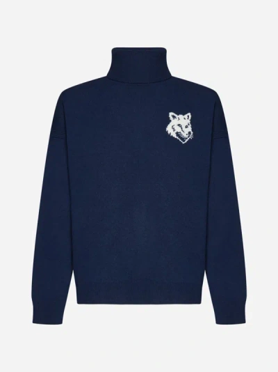 Maison Kitsuné Intarsia-knit Fox-head Wool Jumper In Ink Blue