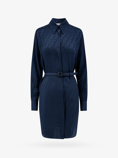 Fendi Ff Motif Satin Shirt Dress In Blue